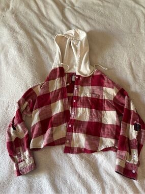 Red and Cream Plaid Hooded Button-Up Shirt